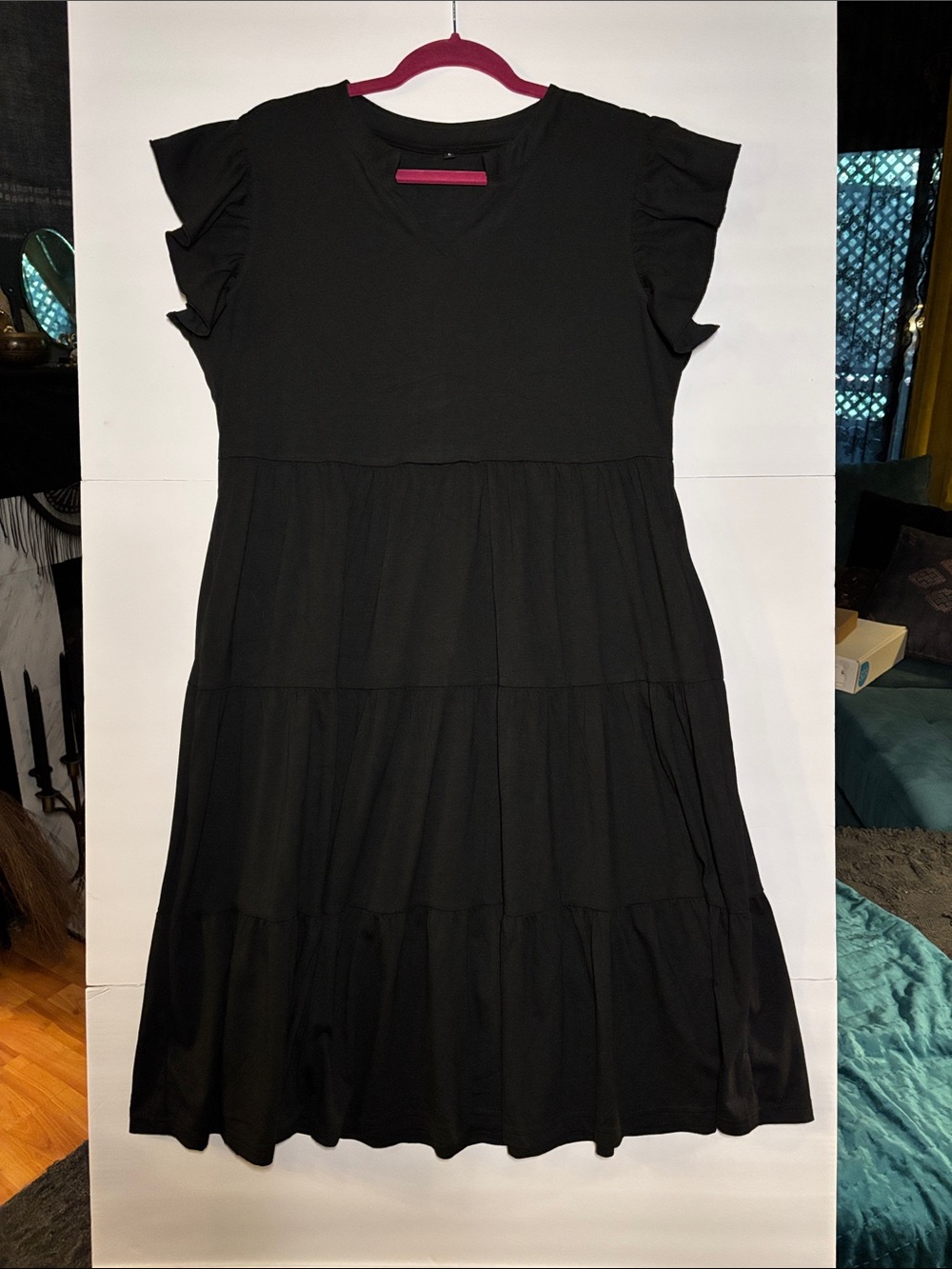 Black Tiered Midi Dress with Flutter Sleeves - Women